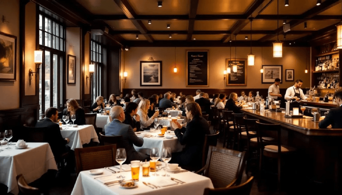 A busy full-service dining room in warm light